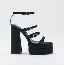 Nasty Gal, TRENDY Black glitter strappy 6.25" block heel double platforms, SZ 8