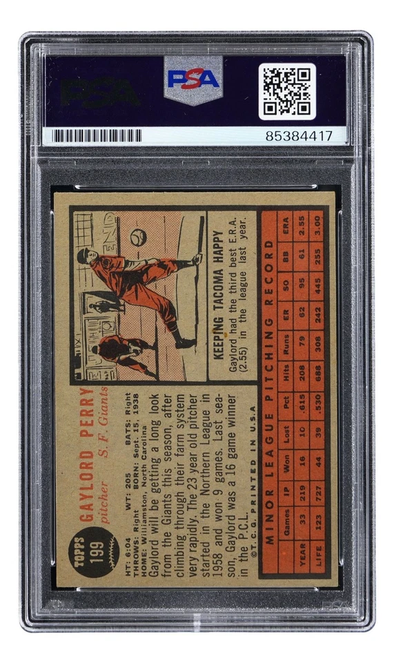 Gaylord Perry Signed 1962 Topps #199 San Francisco Giants Rookie Card PSA - Image 2 of 2