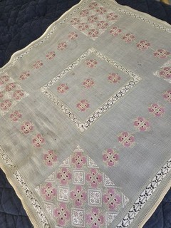 Embroidered Linen Lace Square Tablecloth 25x25 in Pink White Beige Floral
