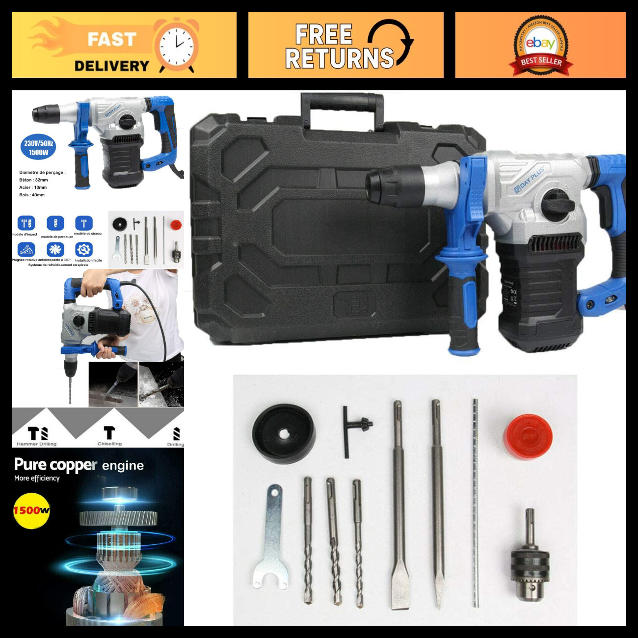 Powerful Brushless Rotary Hammer Drill - 1500W Heavy Duty SDS Impact Jackhammer