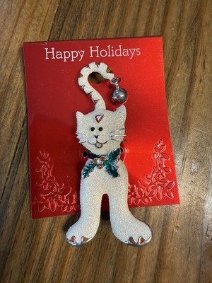 Christmas Kitty Cat Pin Glittered Bell Holly Collar Smiling