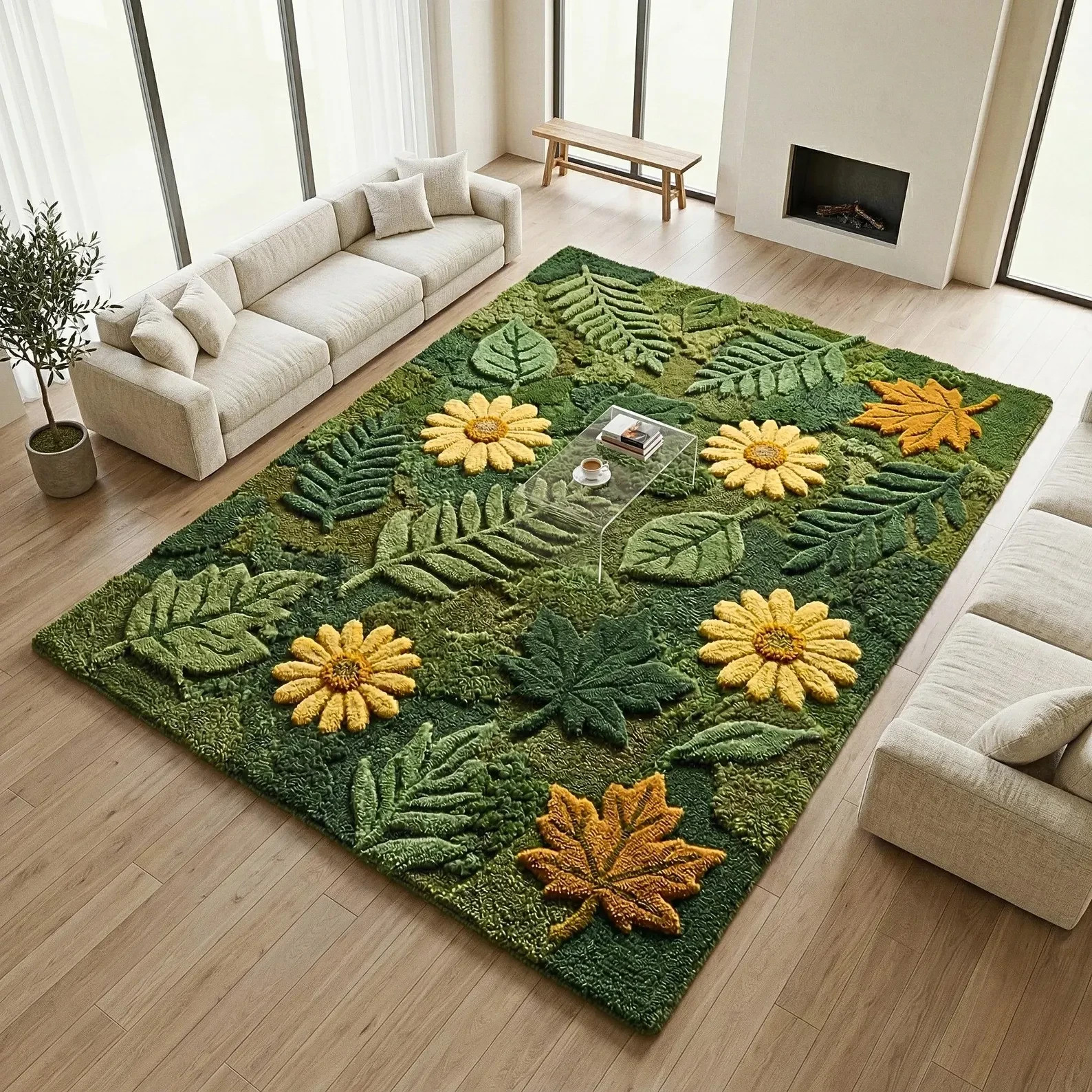 Botanical Sunflower Hand Tufted Wool Area Rug | 3D Floral Garden | Living Room |