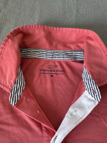 Vineyard Vines LS Polo Shirt M Pink Stripe Collar Whale Logo Pima Cotton Prep - Picture 3 of 5
