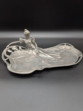 Zinn Schale im Jugendstil , Frau im Kleid , Blumen Blüten 33,5 cm Art Nouveau