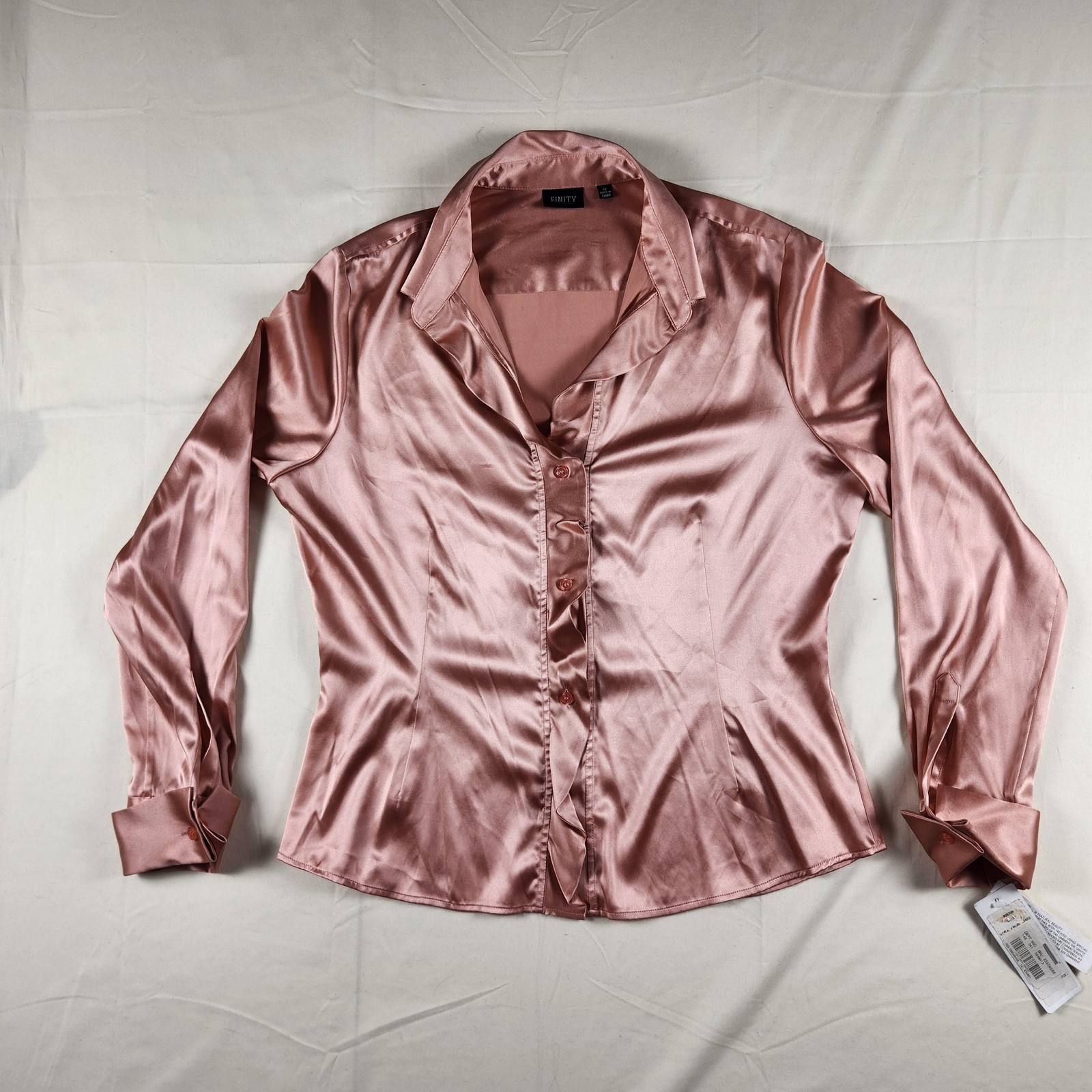 Finity Studio Blouse Womens 12 Pink Silk Stretch Satin Button Front Long Sleeve