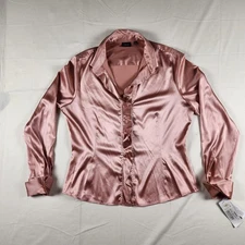 Finity Studio Blouse Womens 12 Pink Silk Stretch Satin Button Front Long Sleeve