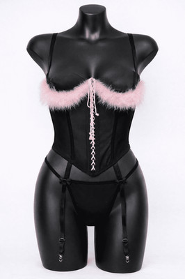 Ladies Marabou Cupless Basque and G-String Set with Suspender Straps