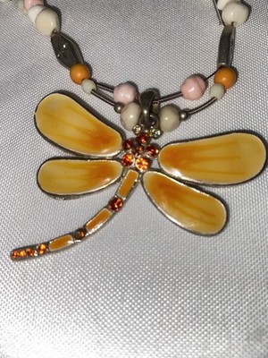 Enameled Yellow Orange Dragonfly Necklace Beads And Orange Crystals