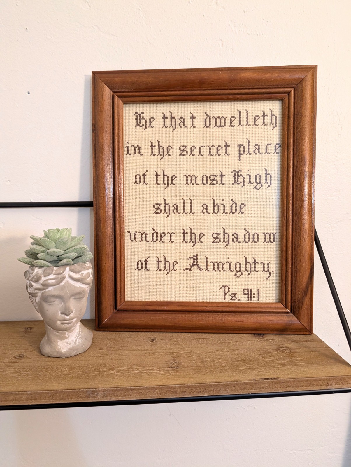 Vintage Handmade Bible Verse Cross Stitch Wall Hanging Psalms 91:1