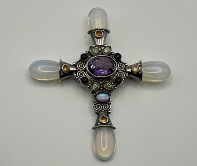 Sterling Silver 925 Sajen Moonstone Amethyst Gemstone Lg 3.5  Cross Pendant Pin