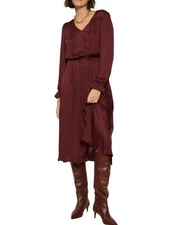 Current Air Satin Vneck Long Sleeve Dress Burgundy