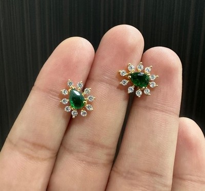 Emerald Earrings 14k Solid Yellow Gold Natural Zambian Emerald Diamond Jewelry