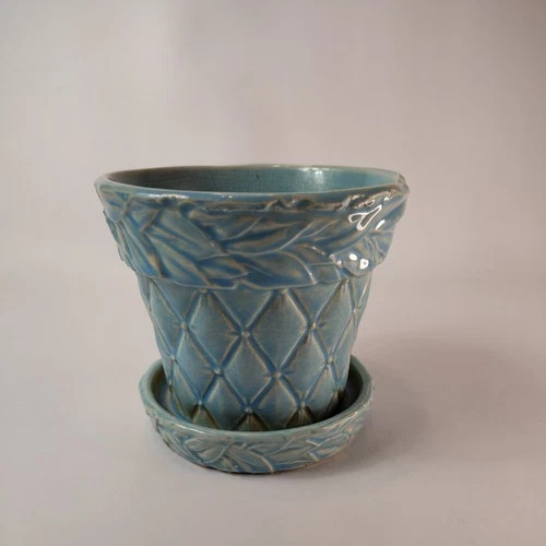 Vintage McCoy Pottery Leaves & Berries Hobnail Planter Attached Saucer Aqua