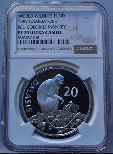 1987 GAMBIA 20 DALASIS WWF RED COLOBUS MONKEY NGC PF70 UCAM SILVER COIN