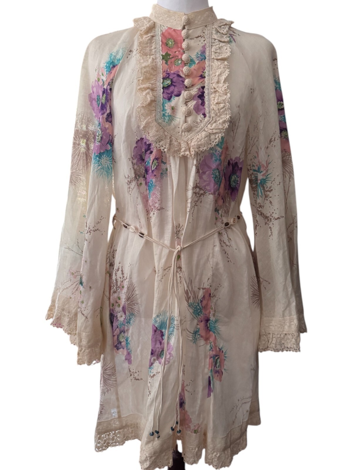 Zimmermann Jude Dress Size 2 AU 12/US 8 Floral Print Linen Lace Long Sleeve Mini