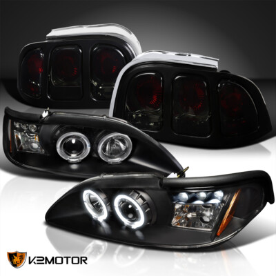 Fits 1994-1998 Ford Mustang LED Halo Black Projector Headlights+Smoke Tail Lamps