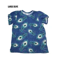 Large LuLaRoe Olive Tulip Sleeves Peacock Feathers On Blue Rayon Fit 14/16