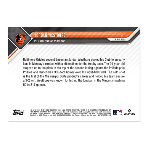 2023 Topps NOW # 611 Jordan Westburg 1st Career MLB HR -Free Shipping Always! - Picture 2 of 2