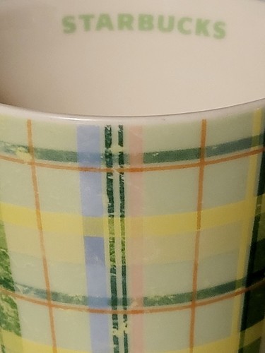 Starbucks Faded Green Plaid Spring Yellow Ceramic Coffee Mug, Tea Cup 2006 12 oz - Picture 6 of 6