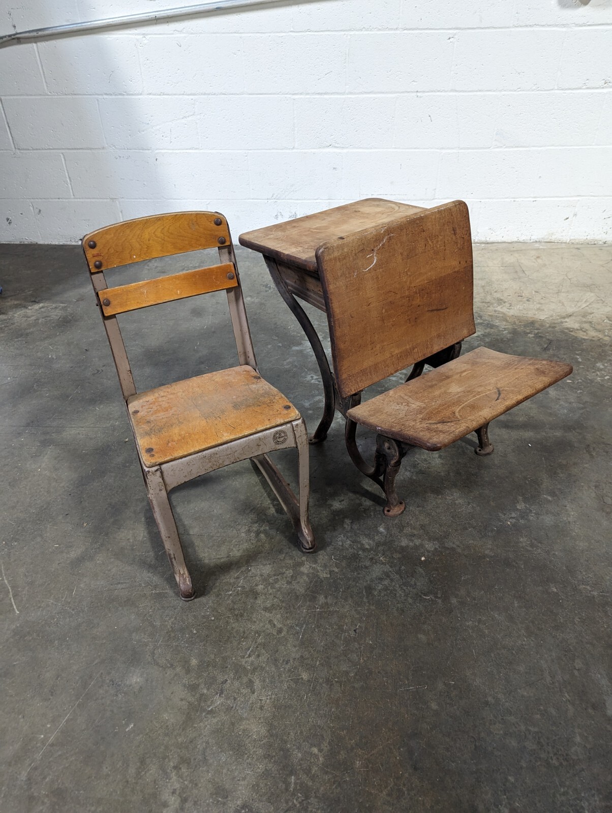 Vintage Antique School Desk with Folding Seat and chair, Cast Iron Wood