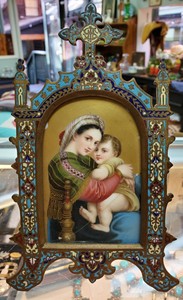Antique-Champleve-Enamel-Cloisonne-Frame-with-Hand-Painted-Plaque-Jesus-Mary