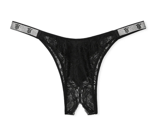 VictoriasSecret NWT Medium Black Lace Crotchless Brazilian Panty Rhinestone Logo