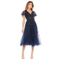 Mac Duggal Embellished Flutter Sleeve Tea-Length Dress Midnight Blue Size 12 NWT