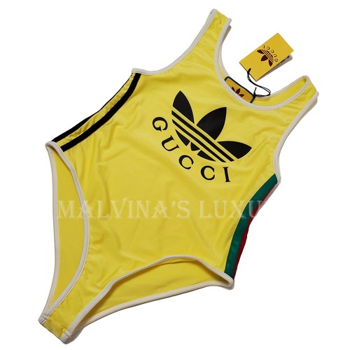 GUCCI COSTUME DA BAGNO ADIDAS X STAMPA TRIFOGLIO DETTAGLIO WEB GIALLO PEZZO UNICO $790 taglia XS - Foto 5 di 17