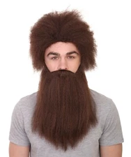 Adult Brown Caveman Wig and Beard Set Cosplay Halloween Party Costume HM-486A