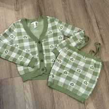 Tilly's Full Tilt Green Checkerboard Floral Girls LG Sweater Set Tank Cardigan