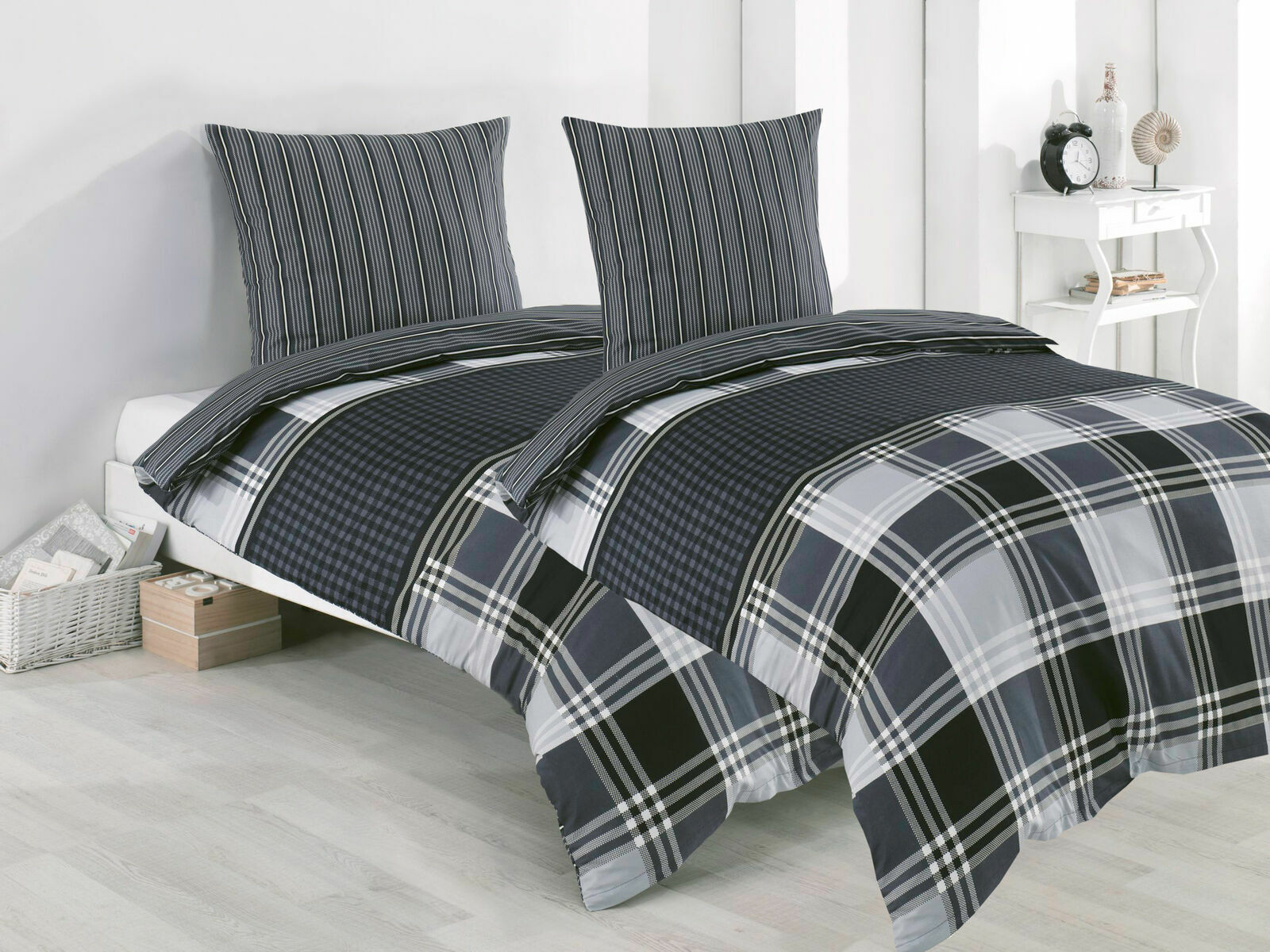 4 tlg Baumwolle Renforce Bettwäsche 135x200 grau schwarz kariert Wendebettwäsche