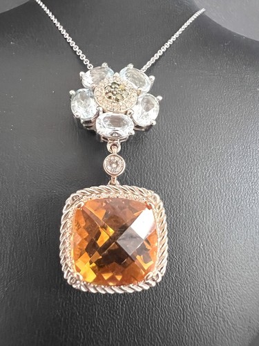 14K White Gold Natural 14.55CT Aquamarine Diamond Radiant Citrine Pendant Chain - Picture 10 of 22