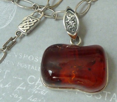 Sterling Pendant 25 X 18mm Baltic Amber 19'' AK Chain & Clasp Konder #256