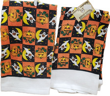 Set of 2 Same Printed Kitchen Towels 15"x25" HALLOWEEN, PUMPKINS SQUARES, BH