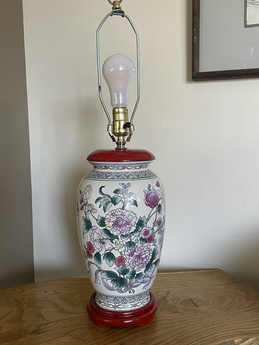 Vintage Porcelain Chinoiserie Ginger Jar Table Lamp Floral Famille rose