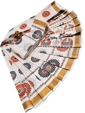 Women's Kerala Kasavu Printed Saree With Running Blouse