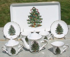 Vtg Miniature Christmas Tree Tea for 2 Set Japan Porcelain Toy Doll Porcelain