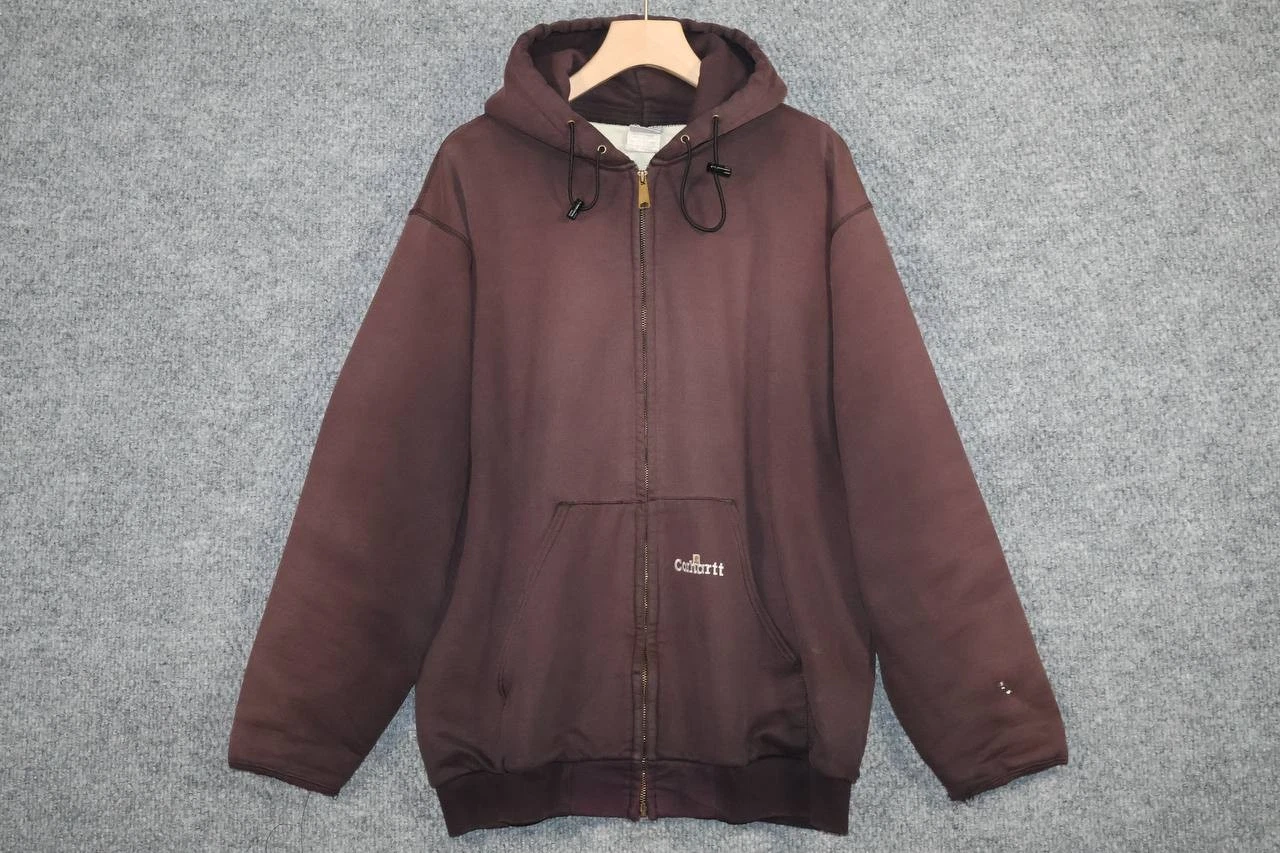Vintage Carhartt Hoodie Mens XL Dark Brown Full Zip Thermal Lined Faded Jacket