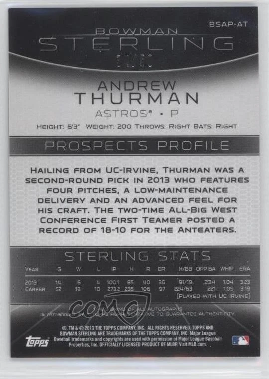 2013 Bowman Sterling Prospect Gold Refractor /50 Andrew Thurman #BSAP-AT Auto - Image 2 of 2