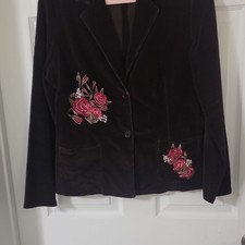 Women  s Black Floral Embroidered Button Front Blazer Jacket Long Sleeve Pockets