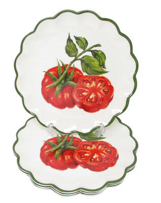 Melamine Dinner Plates 4pc Set Red Tomato on white green scallop edge 11'' new