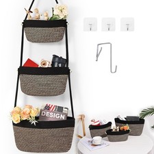 Hanging Basket, 3-Tier Woven Wall Basket with 4 Hooks, Cotton Rope Storage Ba...