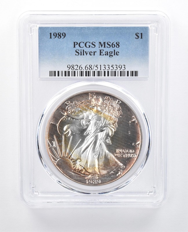 1989 American Silver Eagle MS68 PCGS Pink/Yellow Tone a8167