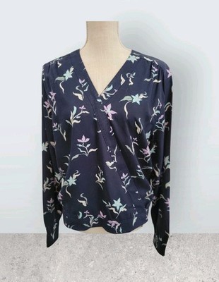 DULUTH TRADING CO Wrap Shirt Size L V-Neck Long Sleeve Blue Floral Top NEW $59