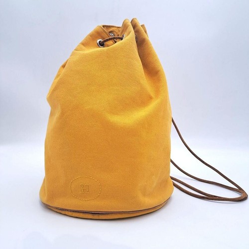 HERMES Polochon Mimile PM Yellow Canvas Leather Drawstring Backpack Authentic