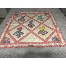 Handmade Quilted Baby sun bonnet Sue Toddler Blanket Applique Pink Ruffle Trim