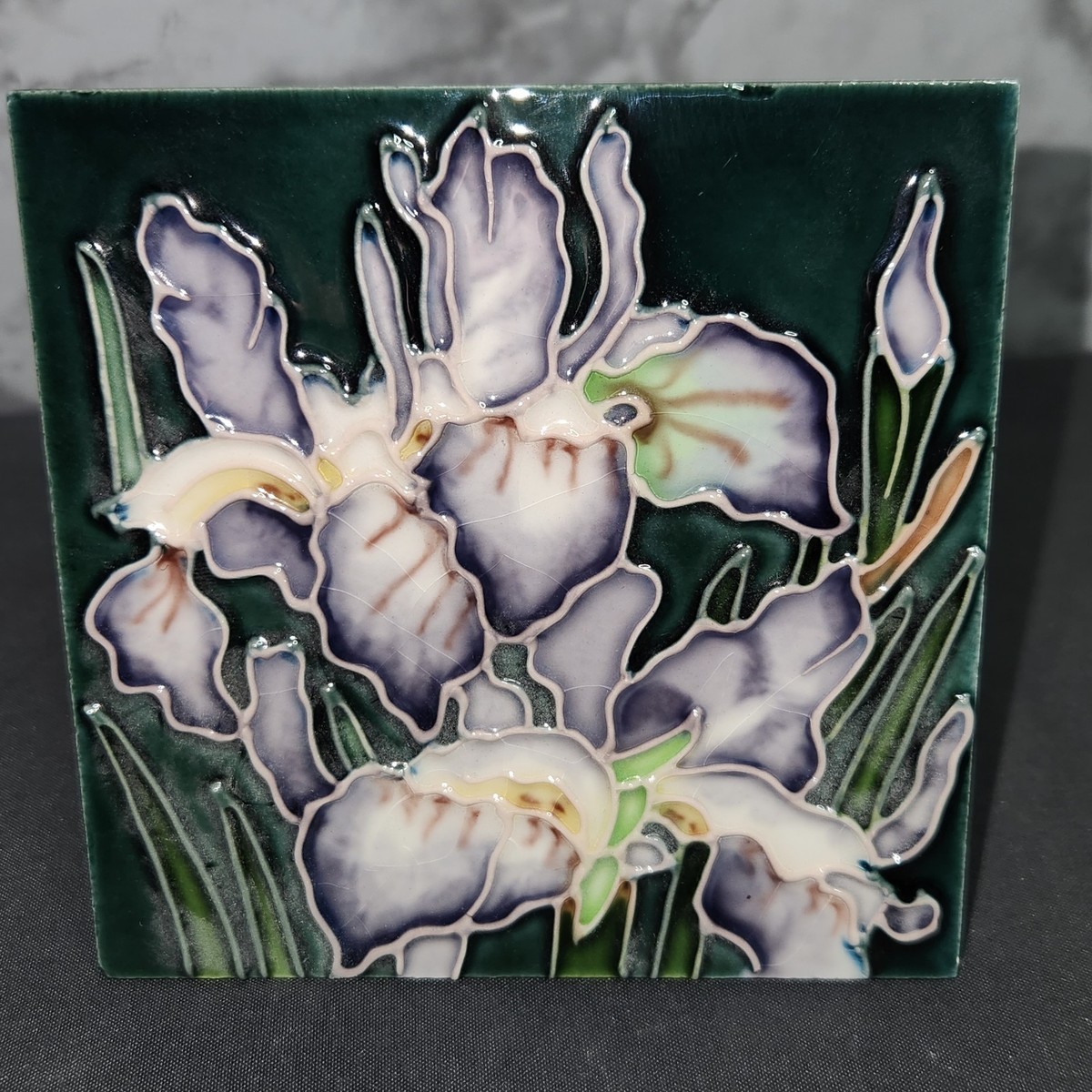 押し花額　Eternal Flower Artwork Art Pottery Iris Flower Tile 4x4 Embossed Floral Ceramic Glazed