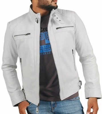 TOP New Men's White LeatherJacket 100% Real Lambskin Stylish Slim Fit CoatJacket