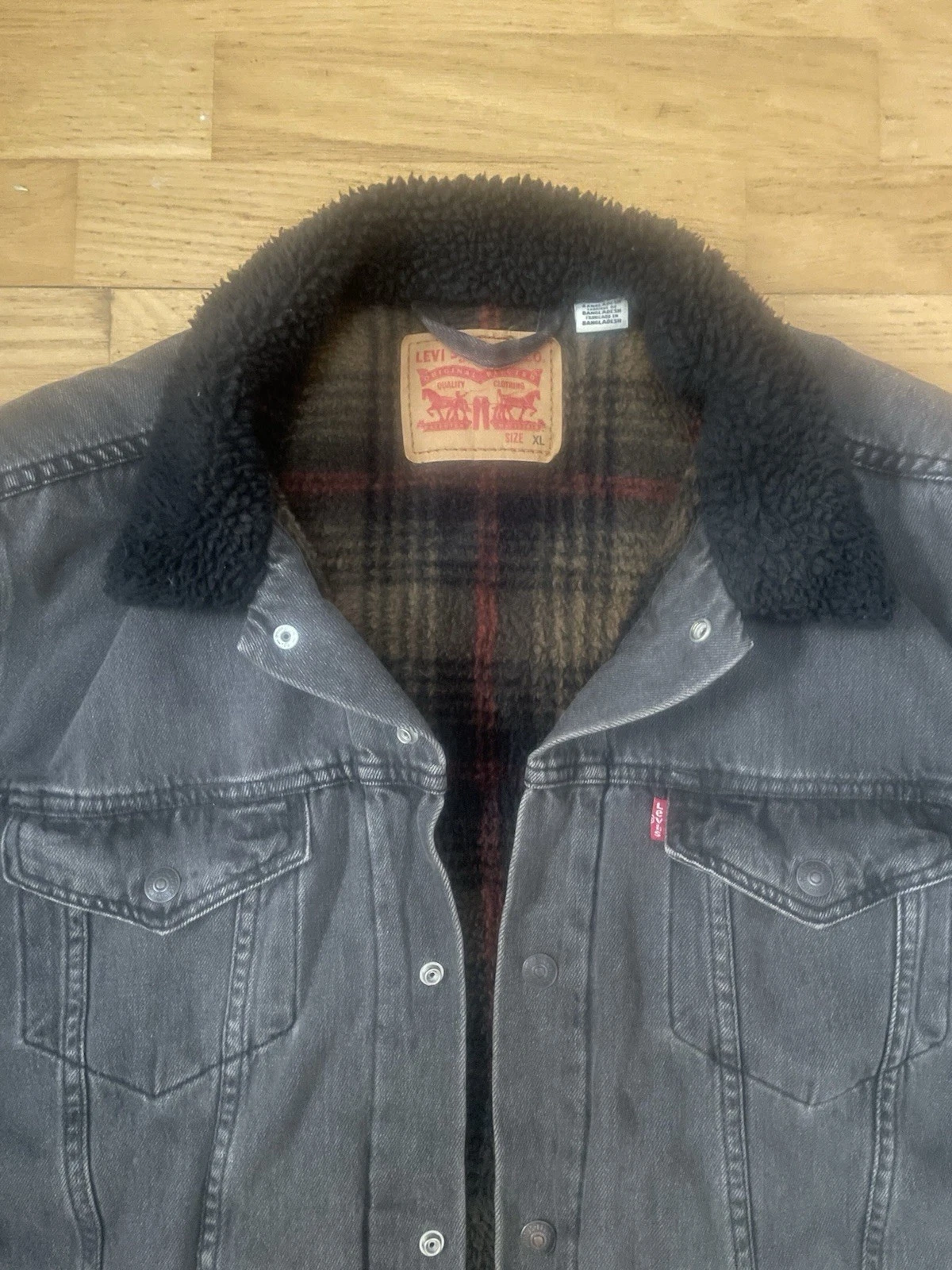 Levis Black Denim Sherpa Plaid Lined Mens XL Coat Jacket Snap Up Red Tag