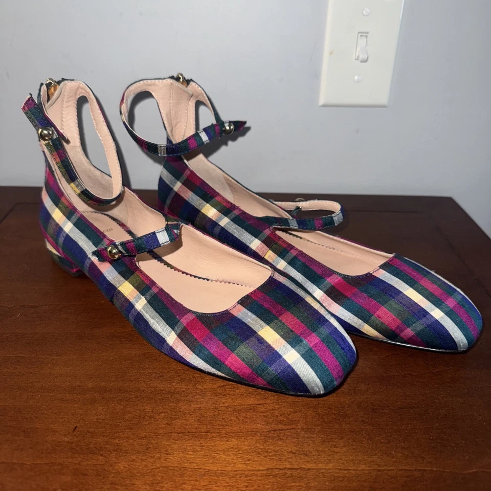 NOVO J.Crew Sally xadrez de seda Mary Jane sapatilhas de balé peônia turquesa tamanho 9 L0592 - Imagem 4 de 4